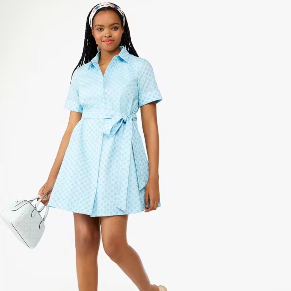 Kate Spade Light Blue Embroidered T Shirt Dress with Belt